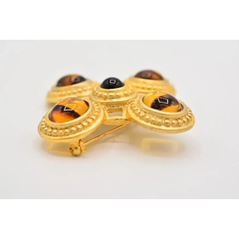 Danecraft Vintage Maltese Cross Brooch Multicolor Cabochon Brushed Gold Signed